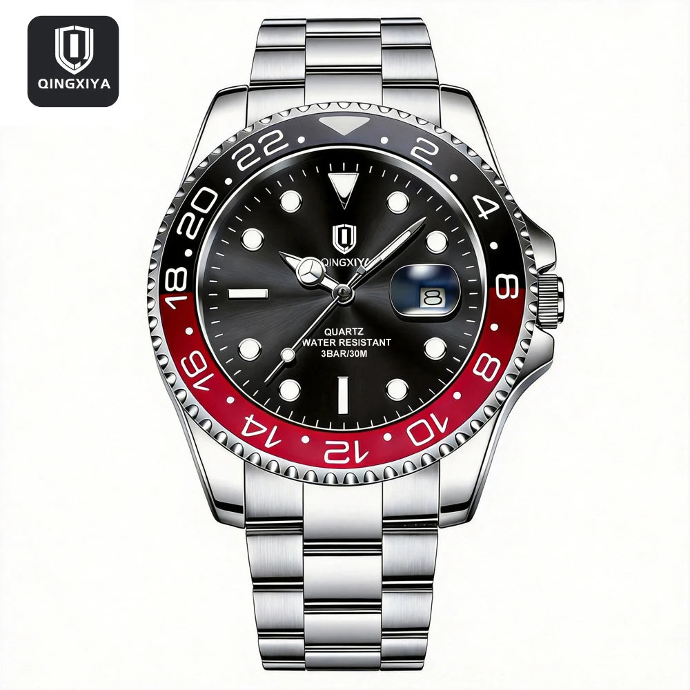 QINGXIYA Luxe herenhorloges met kwartsmechanisme, roestvrij staal, waterdicht, verlicht, datumweergave, herenpolshorloge, reloj hombre