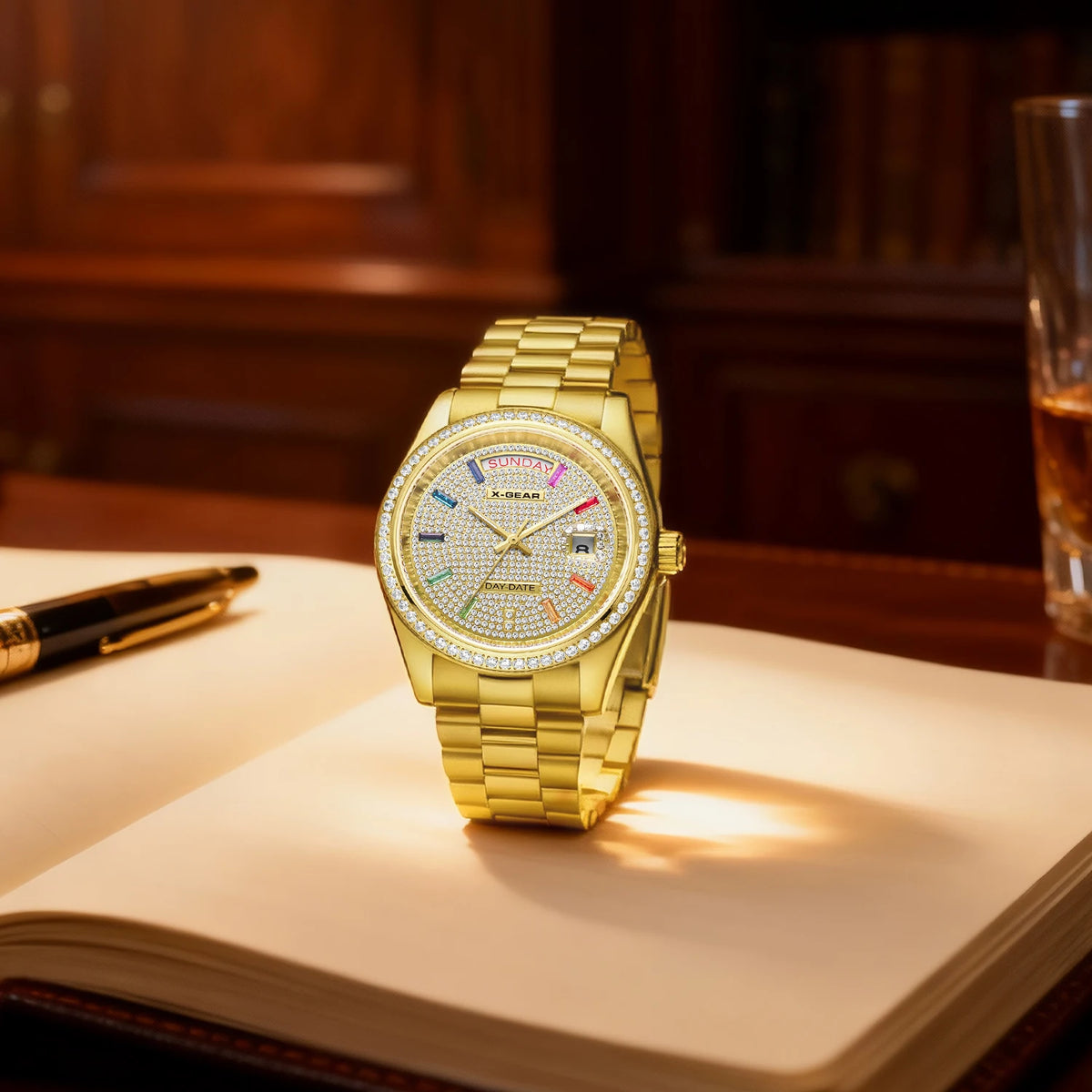 X-GEAR Men Luxury Watches Full diamond dial Diamond bezel Mechanical Watch Luminous Date Week Display Stainless Steel Case Strap