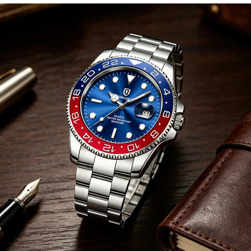 QINGXIYA Luxe herenhorloges met kwartsmechanisme, roestvrij staal, waterdicht, verlicht, datumweergave, herenpolshorloge, reloj hombre