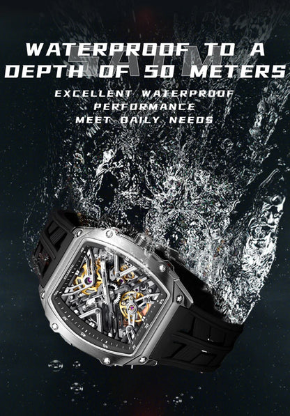 STARKING Men's Waterproof Sports Mechanical Watch, Wear-resistant Silicone Strap, Automatic, Luminous Tonneau Luxury Design