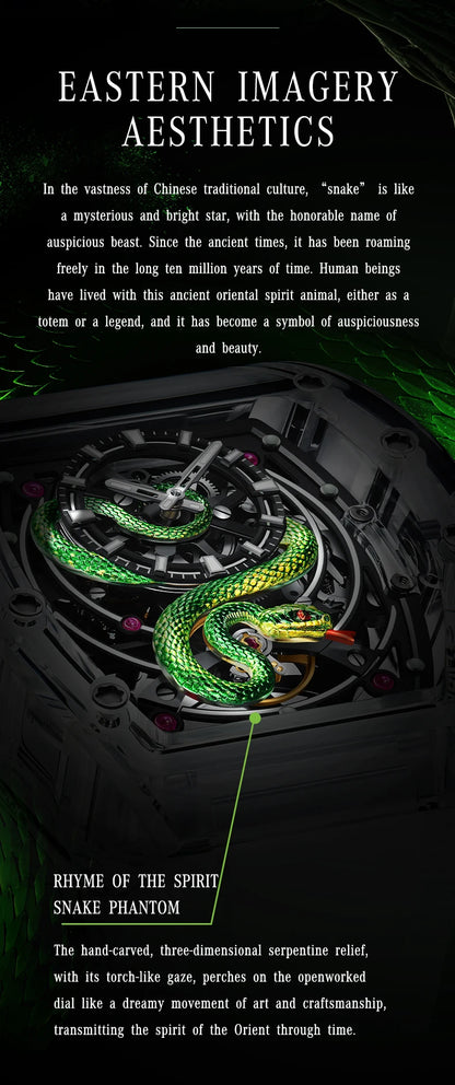 BONEST GATTI Men Mechanical Watch Sapphire Crystal Double Sided Hollow Out Luminous 30M Waterproof Snake Pattern Dial Wristwatch