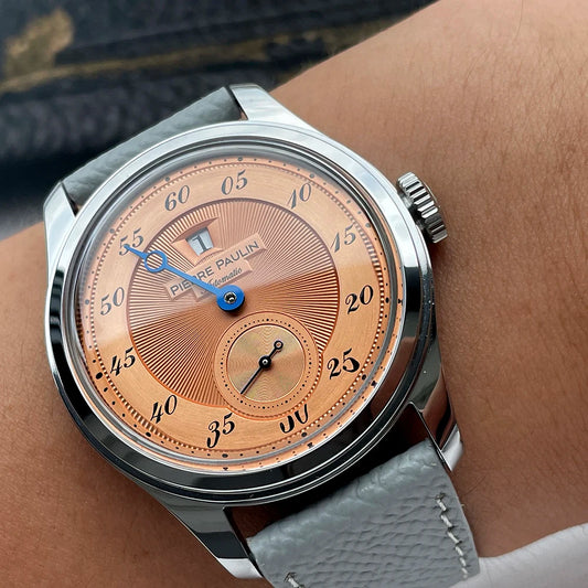 Spot goods NEW Pierre Paulin Jumping Hour Men Watch Salmon Dial Automatic St17 Mechanical Watch Vintage Date Window 38mm