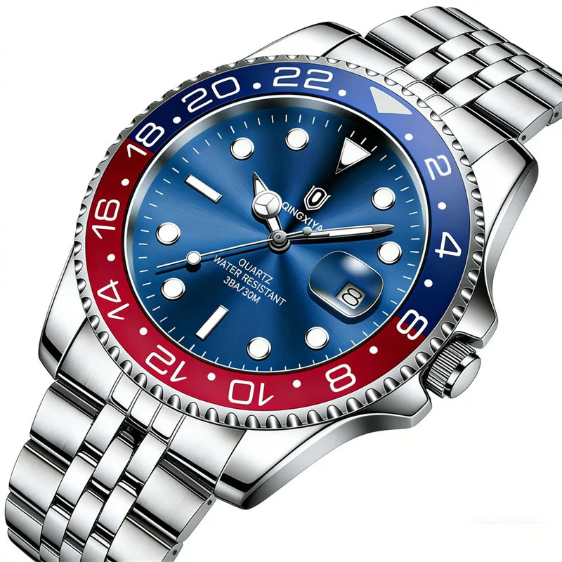 QINGXIYA Luxe herenhorloges met kwartsmechanisme, roestvrij staal, waterdicht, verlicht, datumweergave, herenpolshorloge, reloj hombre