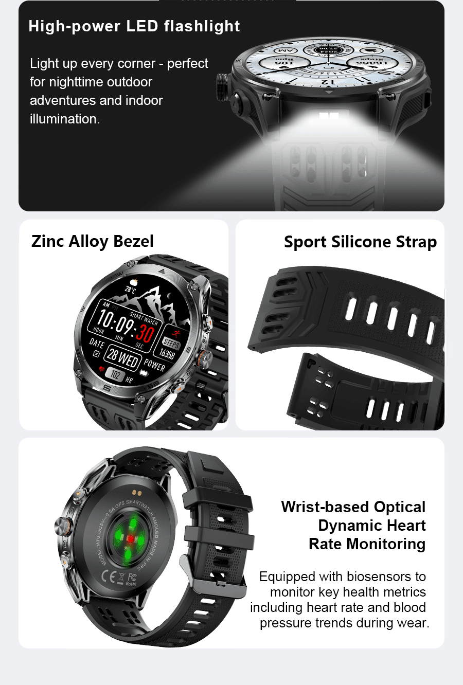 2026 New Military GPS Smart Watch 1000Mah Battery Compass IP68 Waterproof Tactics Sport Flashlight BT Call Smart Watch For Men