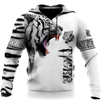 Moda Otoño: sudaderas con capucha con estampado de león y lobo, piel de tigre blanco en 3D por toda la prenda, sudadera de hombre, chaqueta unisex con cremallera, chaqueta informal