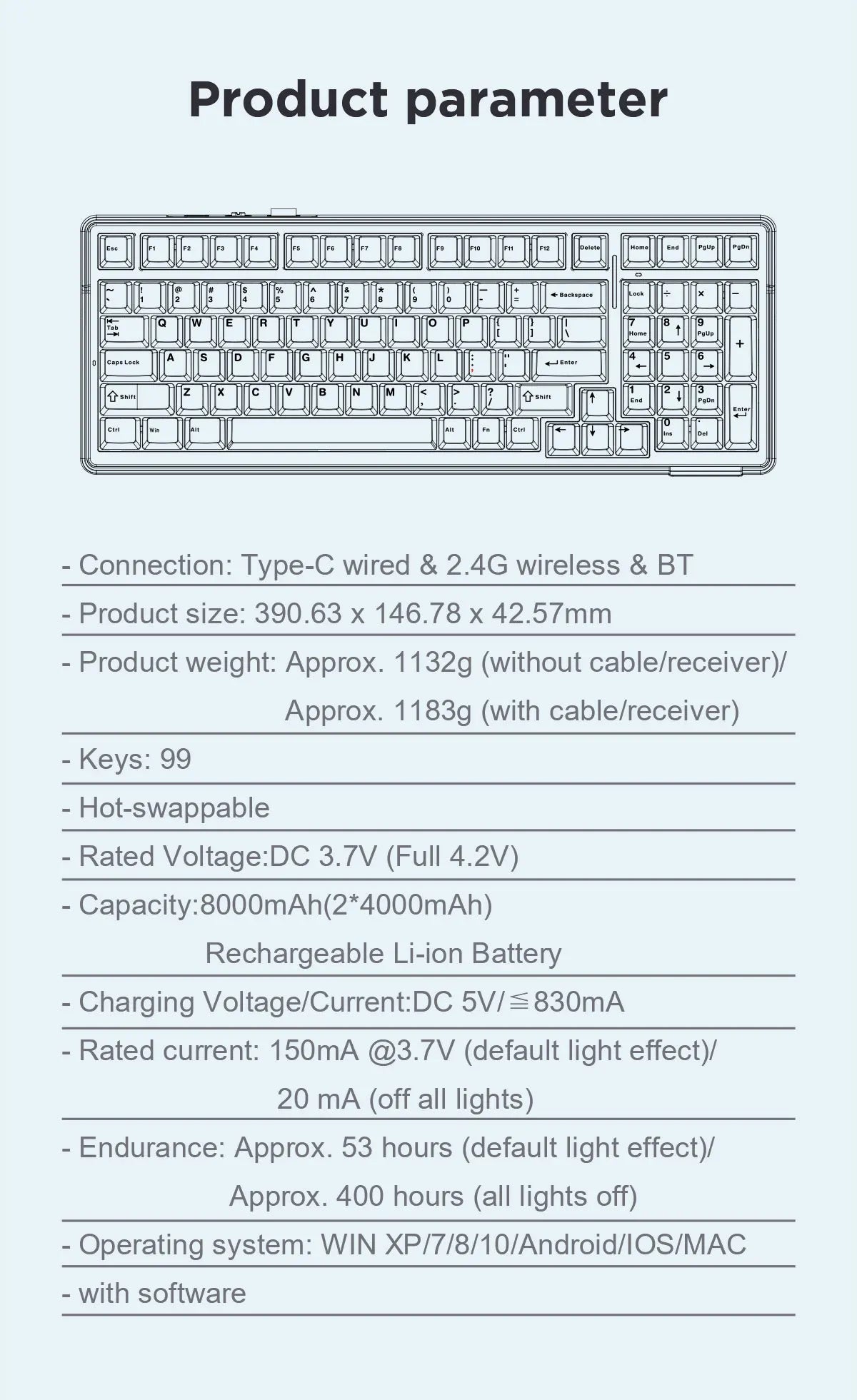 AULA F99 Mechanical Keyboard Bluetooth 5.0/2.4G Wireless/Wired Gasket-mounted Gaming Keyboard 99 Keys Customizable Keyboards