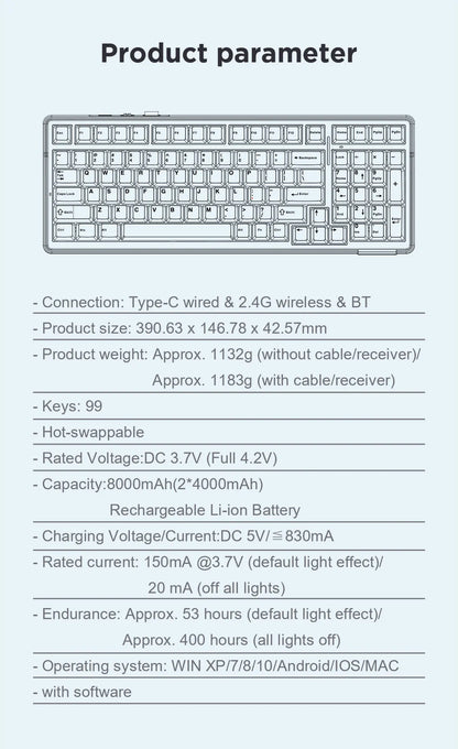 AULA F99 Mechanical Keyboard Bluetooth 5.0/2.4G Wireless/Wired Gasket-mounted Gaming Keyboard 99 Keys Customizable Keyboards