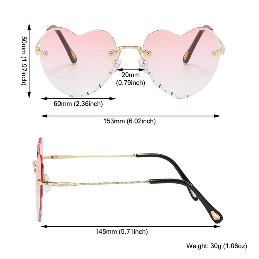 Ochelari de soare în formă de inimă, cu ramă metalică fără ramă, lentile degradate, ochelari de soare „Love Heart” pentru femei, protecție UV400
