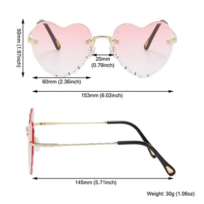 Ochelari de soare în formă de inimă, cu ramă metalică fără ramă, lentile degradate, ochelari de soare „Love Heart” pentru femei, protecție UV400