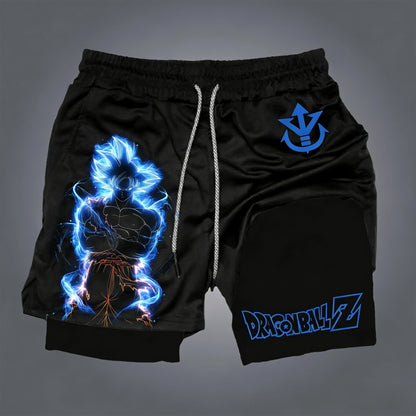 Pantalones cortos de doble capa para hombre de Dragon Ball, Son Goku, verano, anime japonés, imitación, dos piezas, deportivos, fitness, de secado rápido
