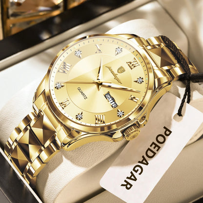 POEDAGAR herenhorloge, origineel luxemodel, waterdicht, verlicht, met datum- en dagweergave, elegante stijl, roestvrijstalen kast, quartz uurwerk, ideaal voor op het werk.