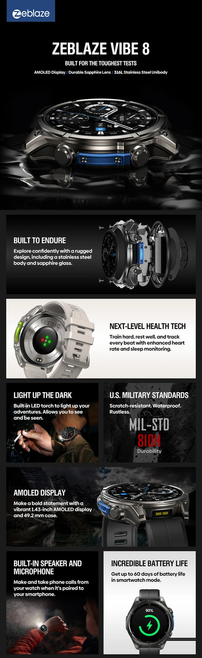 NEW 2025 Zeblaze VIBE 8 Voice Calling 1.43" AMOLED Display Smart Watch Built-in Flashlight Heart Rate Blood Pressure Smart Watch