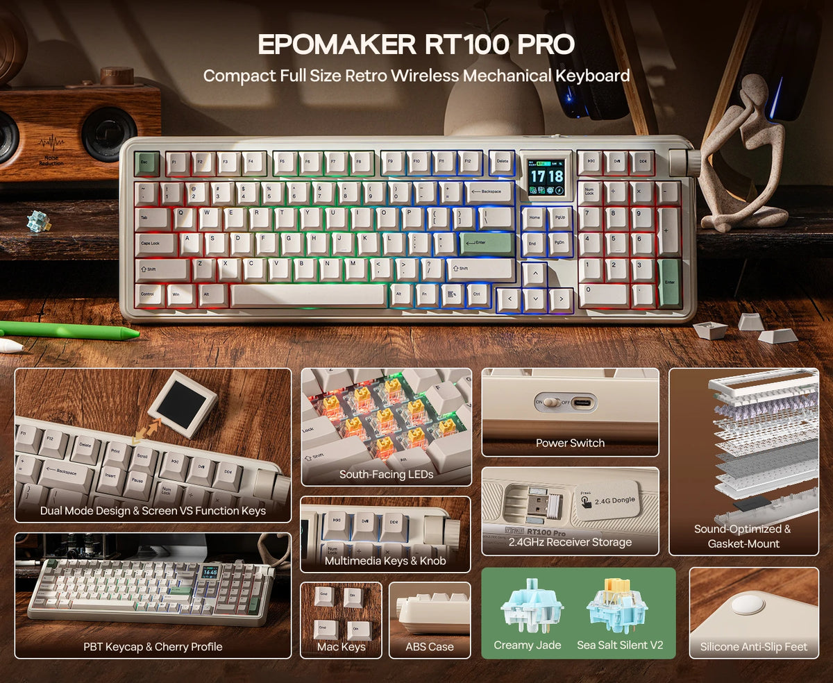 EPOMAKER RT100 PRO 100 % ANSI US -asettelu, tiiviste, langallinen/Bluetooth/2,4 GHz langaton mekaaninen näppäimistö, 1,54 tuuman näyttö ja äänenvoimakkuuden säätönuppi