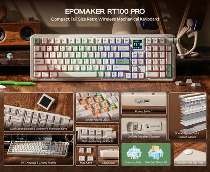 EPOMAKER RT100 PRO 100 % ANSI US -asettelu, tiiviste, langallinen/Bluetooth/2,4 GHz langaton mekaaninen näppäimistö, 1,54 tuuman näyttö ja äänenvoimakkuuden säätönuppi