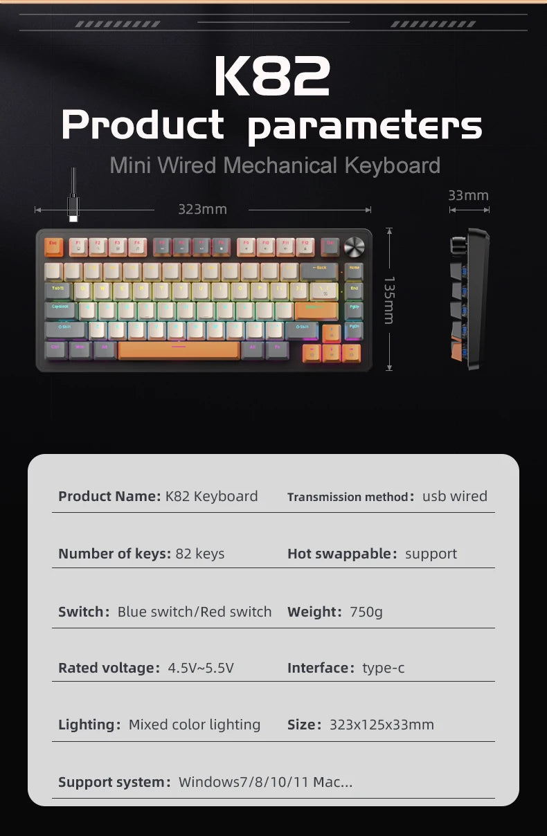 75% Mechanical Keyboard Wired with Media Knob APAYADO Black Gaming Keyboard Hot-Swap ABS Cap Transparent Character Backlighting