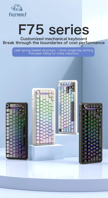 FREEWOLF F75 Gaming Mechanical Keyboard, 75% Tri-Mode Wireless Bluetooth, AULA F75 Same Model, RGB Hot Swappable PBT 4000mAh