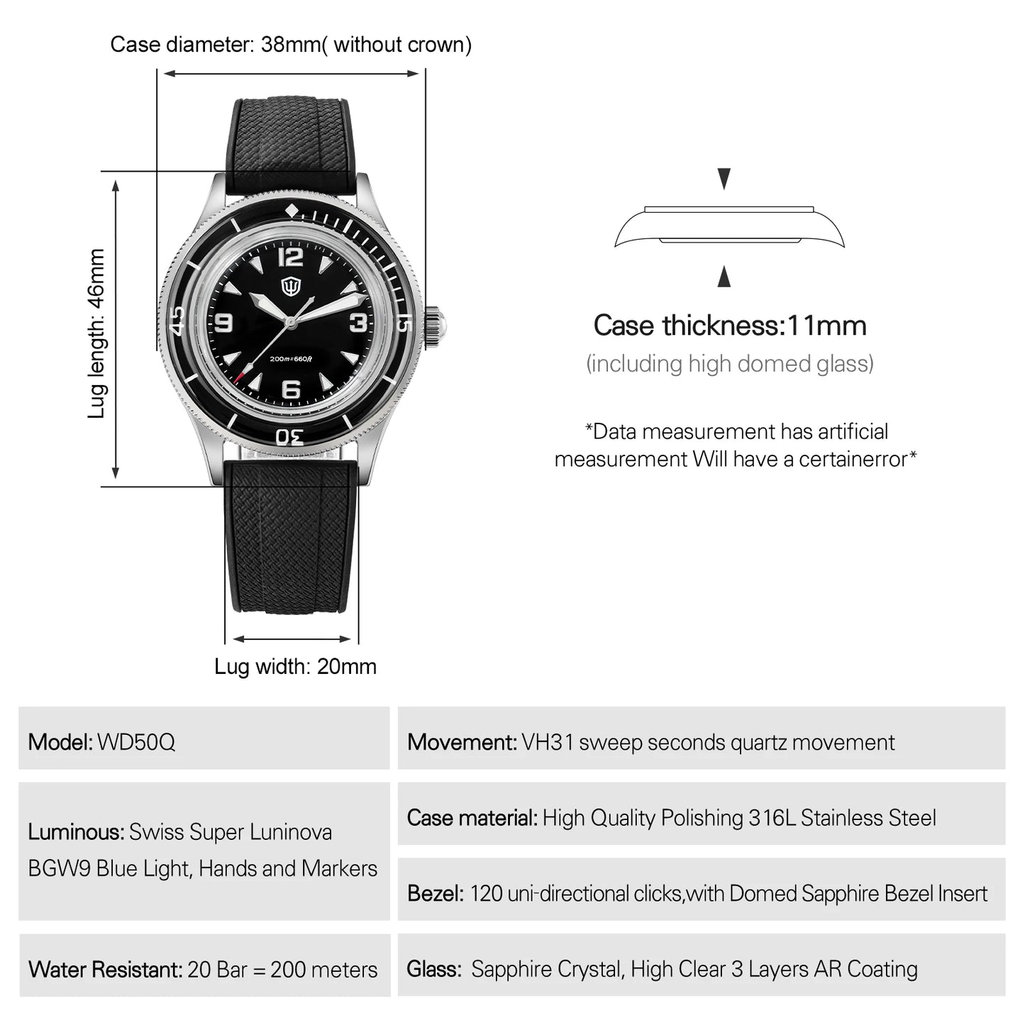 Watchdives WD50Q 38mm Watch Stainless Steel VH31 Sweep Seconds Quartz Movement Men Watches Bubble Sapphire Luminous Waterproof