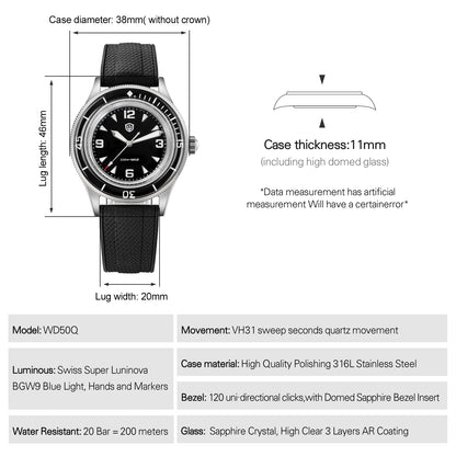 Watchdives WD50Q 38mm Watch Stainless Steel VH31 Sweep Seconds Quartz Movement Men Watches Bubble Sapphire Luminous Waterproof