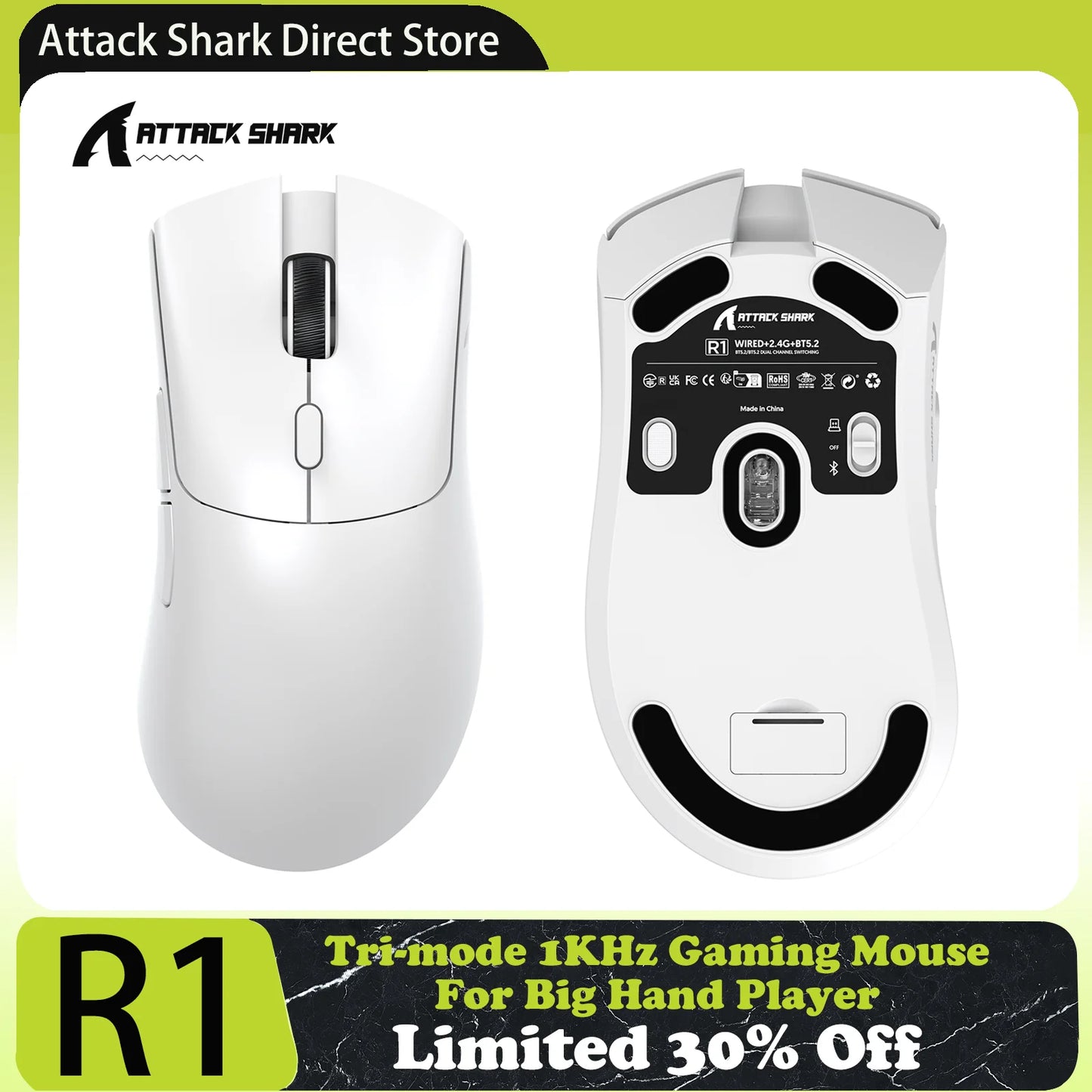 ATTACK SHARK R1 Tri-mode Gaming Mouse, PixArt PAW3311 Sensor, 18000 DPI, 1000hz, 59g Ultralight for Big Hand, for PC/Mac