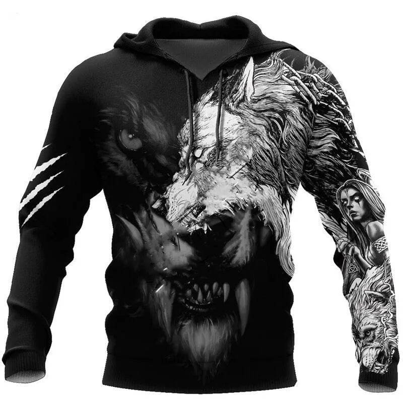 Moda Otoño: sudaderas con capucha con estampado de león y lobo, piel de tigre blanco en 3D por toda la prenda, sudadera de hombre, chaqueta unisex con cremallera, chaqueta informal