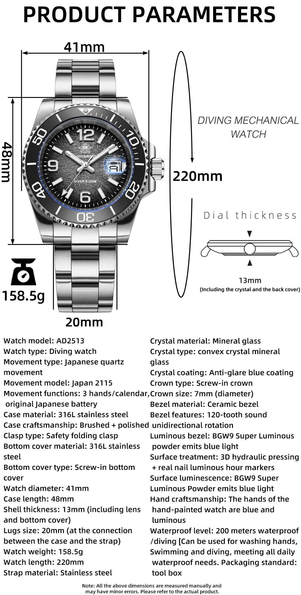 ADDIESDIVE 48mm Diver Watch Fashion Gradient Color Rotatable Bezel Quartz Watches Luminous 200m Waterproof Stainless Men's Watch