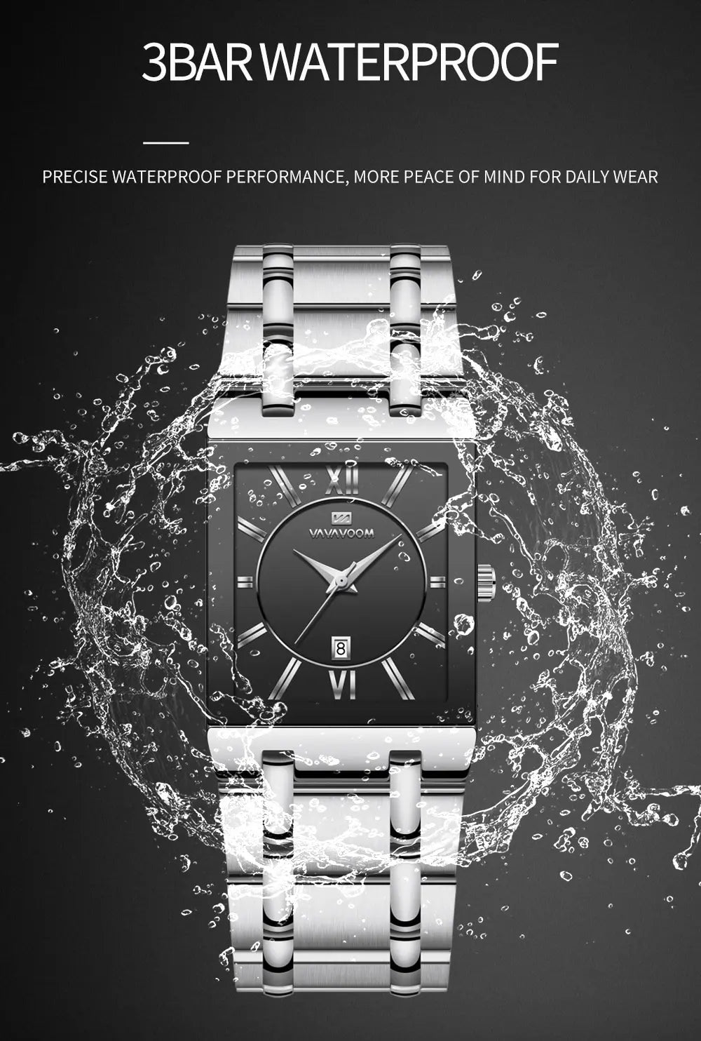 Men Business Watch Simple Design Luxury Fashion Rectangular Black Gold Stainless Steel Calendar Waterproof Quartz Men's Watches