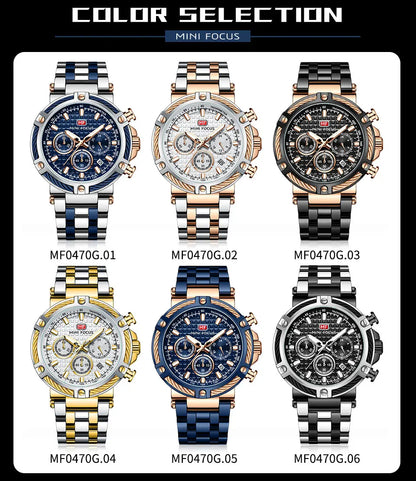 MINI FOCUS Black Stainless Steel Quartz Watch Men Fashion Luminous Dress Wristwatch with Date 24-hour Display Chronograph 0470