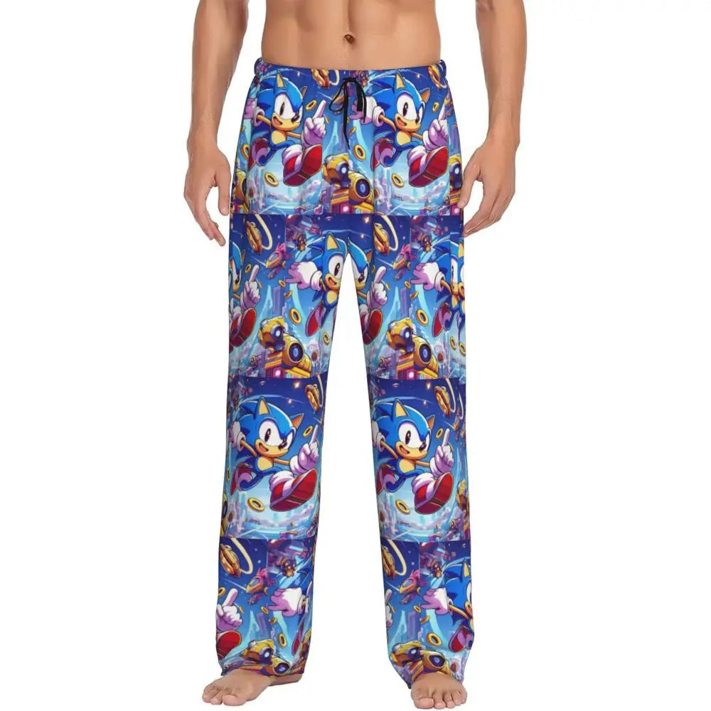 Pantalones de pijama personalizados para hombre con estampado «Soniced», con motivo de erizo, ropa de dormir, pantalones de estar por casa con bolsillos