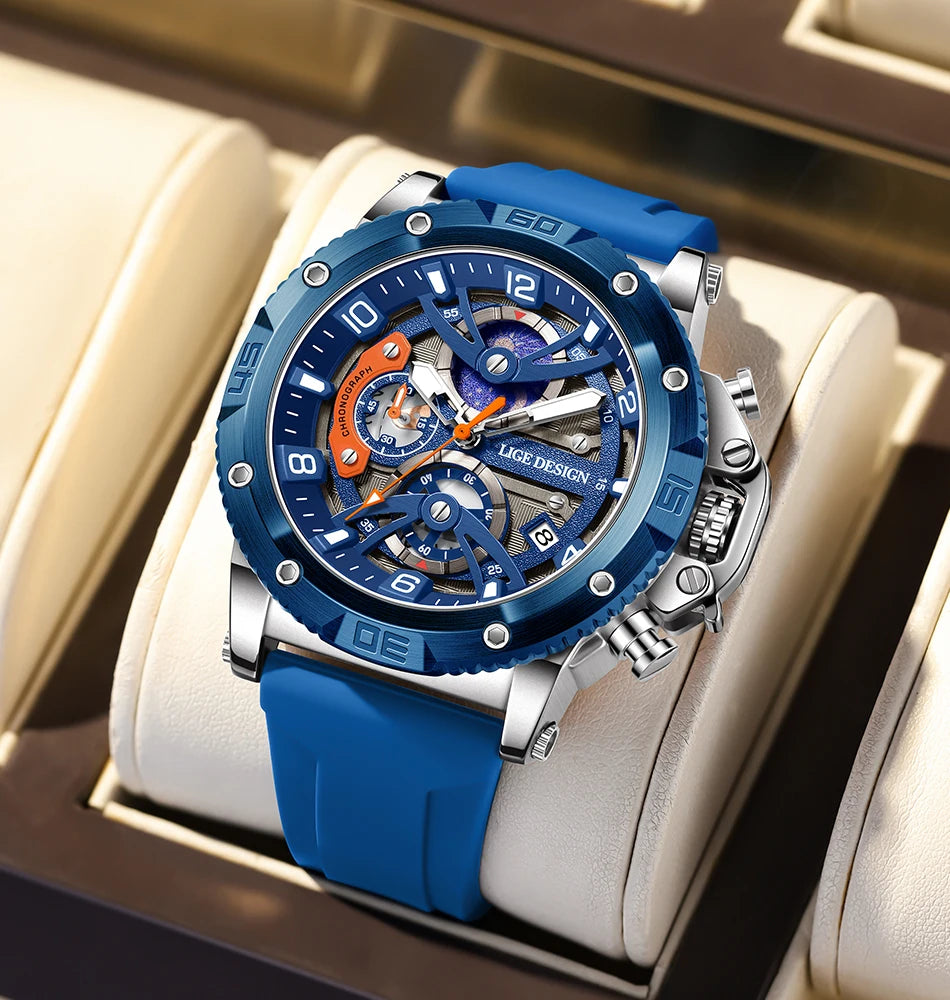 Montre pour homme LIGE Sports – Chronographe de luxe, bracelet en silicone, petits cadrans fonctionnels, mouvement à quartz, étanche et luminescente