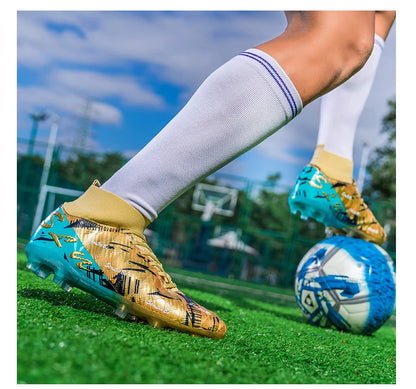 Sapatilhas de futebol de marca e estilo para homem e mulher, botas profissionais de campo, tamanho grande 46, pitões longos, chuteiras de futebol para homem