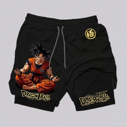 Pantalones cortos de gimnasio de verano de Dragon Ball con Goku, para hombre, de doble capa, 2-in-1 pantalones deportivos, nuevos pantalones de playa con estampado de dibujos animados japoneses de verano