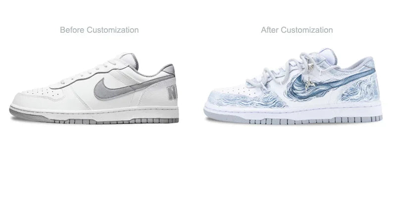 Anpassade sneakers Nike Big ”Tide Wave & Cloud” med kinesisk bläckgraffiti, retro låga herrskateskor