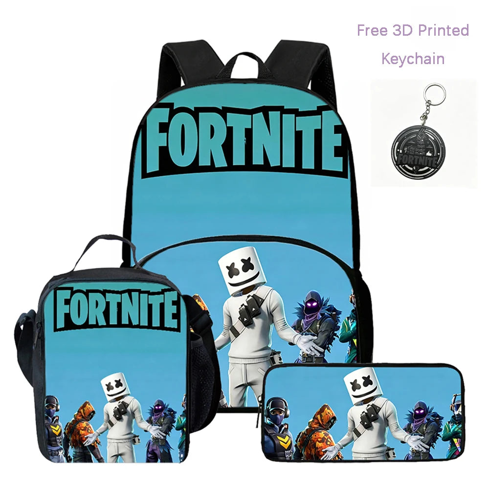 Lightweight FORTNITE 3Pcs Backpack With Front Pocket Lunch Bag Pencil Bag Free 3D Printed Keychain For Boys Girls Kids Aged 5-10