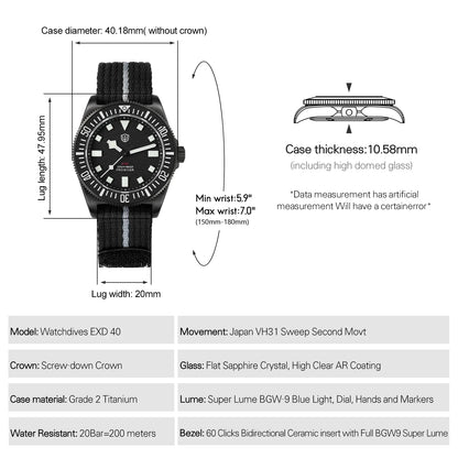 Watchdives EXD 40Mm Titanium Dive Watch Man VH31 Sweep Quartz Watches 200 Waterproof Ar Sapphire BGW9 Luminous 316L Wristwatch