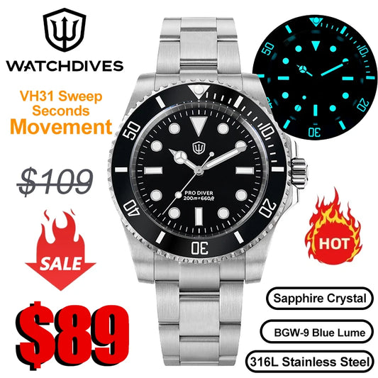 Watchdives WD1680Q V2 VH31 Sweep Quartz Movement Watch Luxury Top Brand Sapphire Stainless Steel 20Bar Waterproof Men Watches