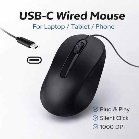USB C Wired Mouse Silent Click 1000DPI Type-C Mouse For Laptop/Tablet/Phone Compatible with Mac/Windows/Android Plug and Play