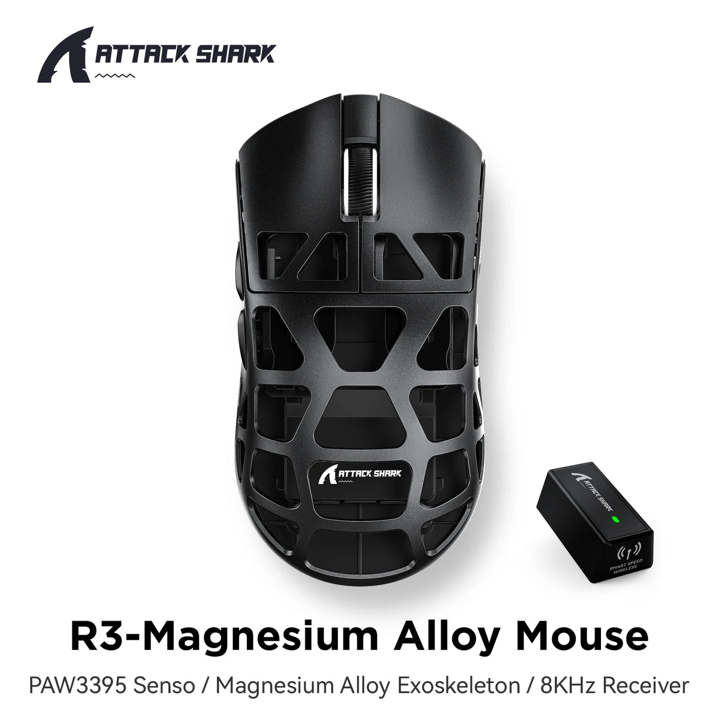 Gaming miška ATTACK SHARK R3 iz magnezijeve zlitine s satasto strukturo, izjemno lahka, 8K Hz, senzor PAW3395, 26000 DPI, ergonomska zasnova