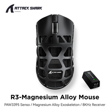 Gaming miška ATTACK SHARK R3 iz magnezijeve zlitine s satasto strukturo, izjemno lahka, 8K Hz, senzor PAW3395, 26000 DPI, ergonomska zasnova
