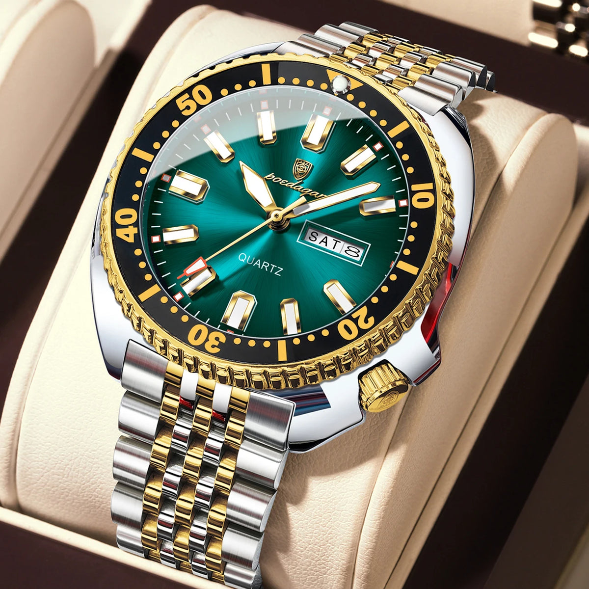Montre homme POEDAGAR de luxe, style business, avec date et jour de la semaine, étanche et lumineuse, en acier inoxydable et à quartz.