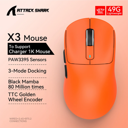 X3 Gaming Mouse Wireless ATTACK SHARK, punainen, 4K-palautusnopeus, Bluetooth Tri-Mode -yhteys, PAW3395, makroilla varustettu Bluetooth-pelihiiri