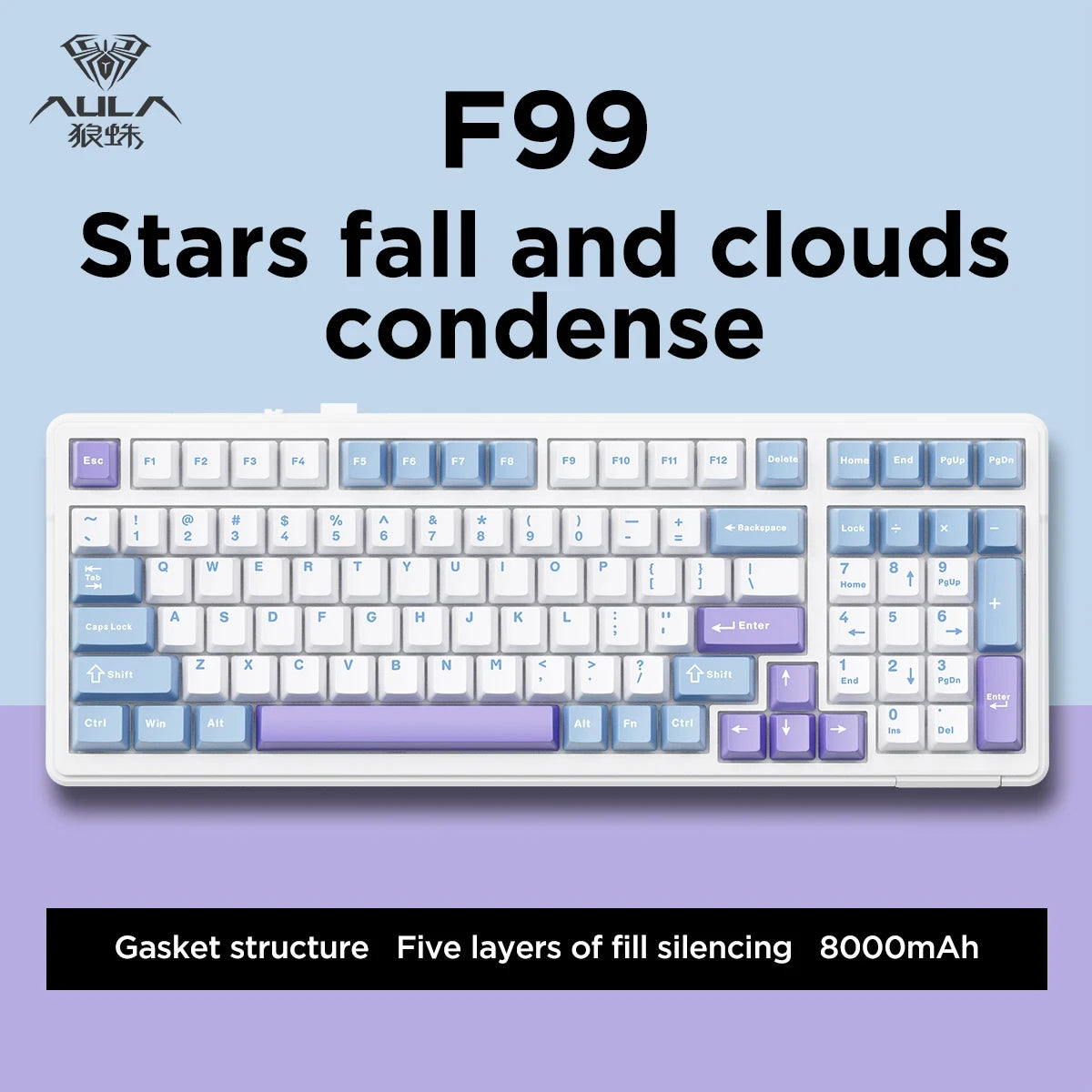 AULA F99 Mechanical Keyboard Bluetooth 5.0/2.4G Wireless/Wired Gasket-mounted Gaming Keyboard 99 Keys Customizable Keyboards