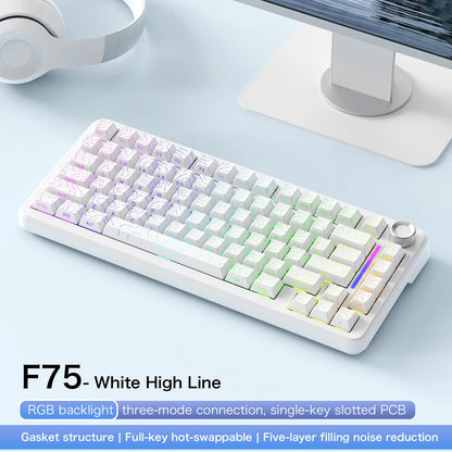 F75 Mechanical Keyboard FREEWOLF 81 Keys Layout Metal Knobs PBT Keycaps,Fully Hot-swappable Keys RGB Multi-color Backlighting