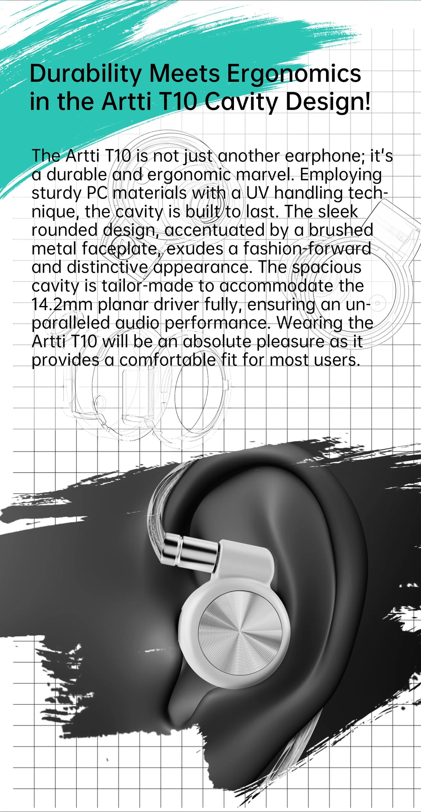 ARTTI T10 Planar Driver In-Ear HiFi Earphones, Wired IEM Monitors with 14.2mm Planar Driver, Detachable 0.78mm 2-Pin Cable, 3.5mm/4.4mm Audiophile Earbuds