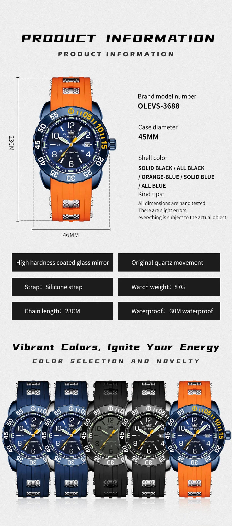 OLEVS Luxe herenhorloge met kwartsmechanisme, waterdicht, lichtgevend oranje siliconen band, sportieve herenhorloges in militaire stijl