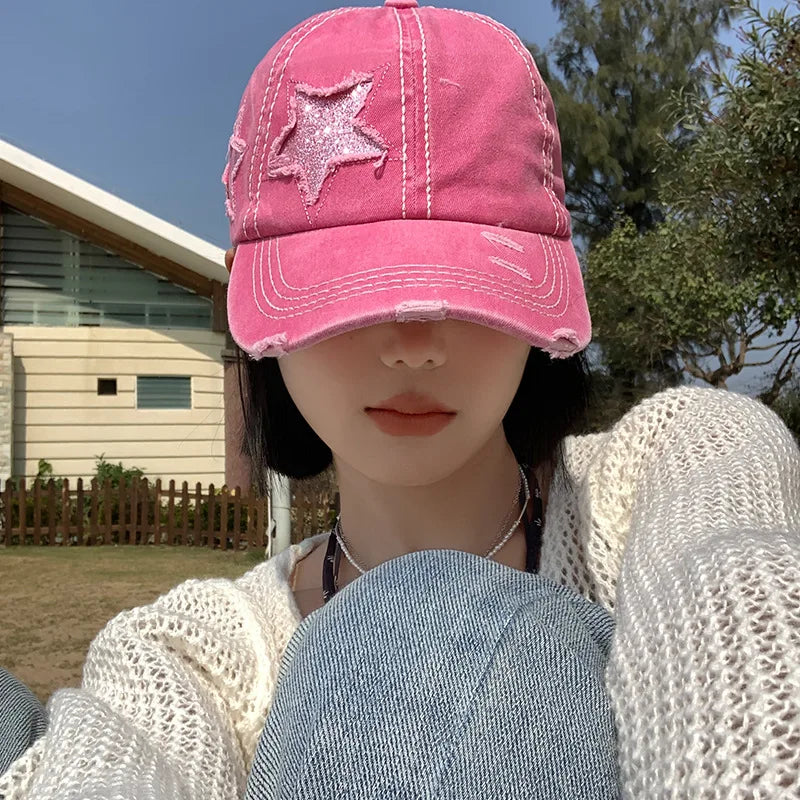 Retro Hole Baseball Cap for Women in Spring and Summer, Featuring a Small Face and a Pink Duckbill Cap with a Wide Brim