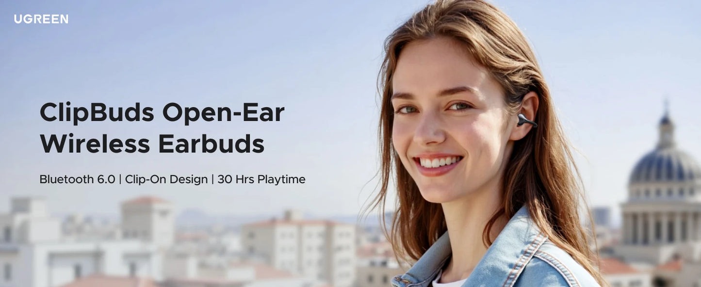 UGREEN ClipBuds Open-Ear Wireless Bluetooth 6.0 Earbuds with 4 Mic Clear Call, 30H Playtime Clip-On Earphones, Waterproof Sport Headphones