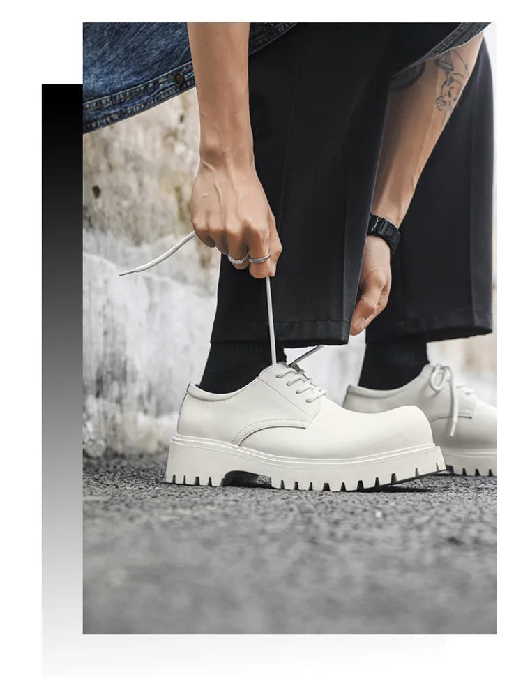 Thick Sole Casual Genuine Leather Dress Shoes Men Platform Height Increase Japan Harajuku Korean Streetwear Fashion Shoes White