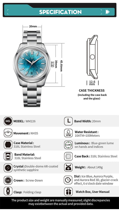 WM Watch Automatic Mechanical Watch NH35 Glacier Series 100M Waterproof AR Coated Sapphire Welly Merck Watch for Men WM226