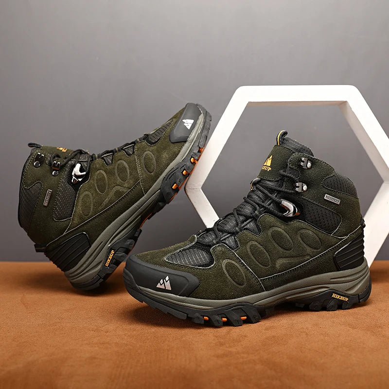 Botas de caminhada de cano alto para homem HIKEUP, calçado de inverno para exterior, com atacadores, antiderrapante, desportivo e casual, botas de trekking em camurça, quentes para homem