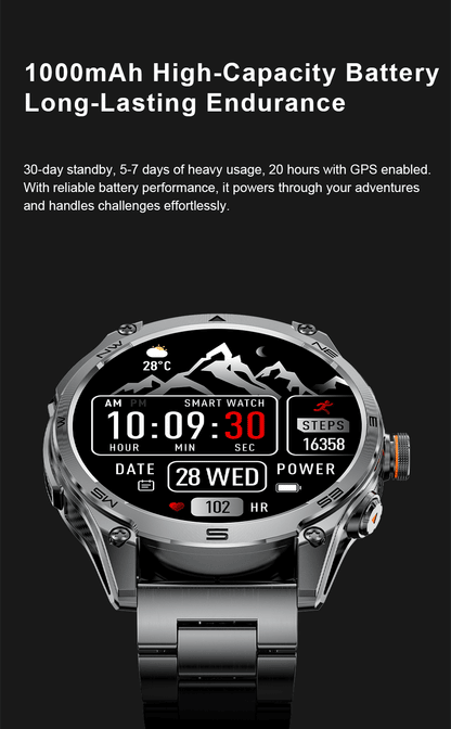 2026 New Military GPS Smart Watch 1000Mah Battery Compass IP68 Waterproof Tactics Sport Flashlight BT Call Smart Watch For Men
